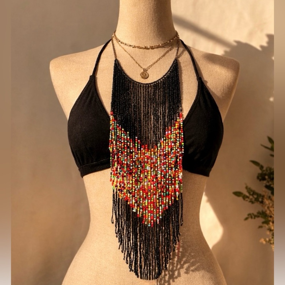 Y2k boho colorful beaded fringe statement necklace🌈✨
